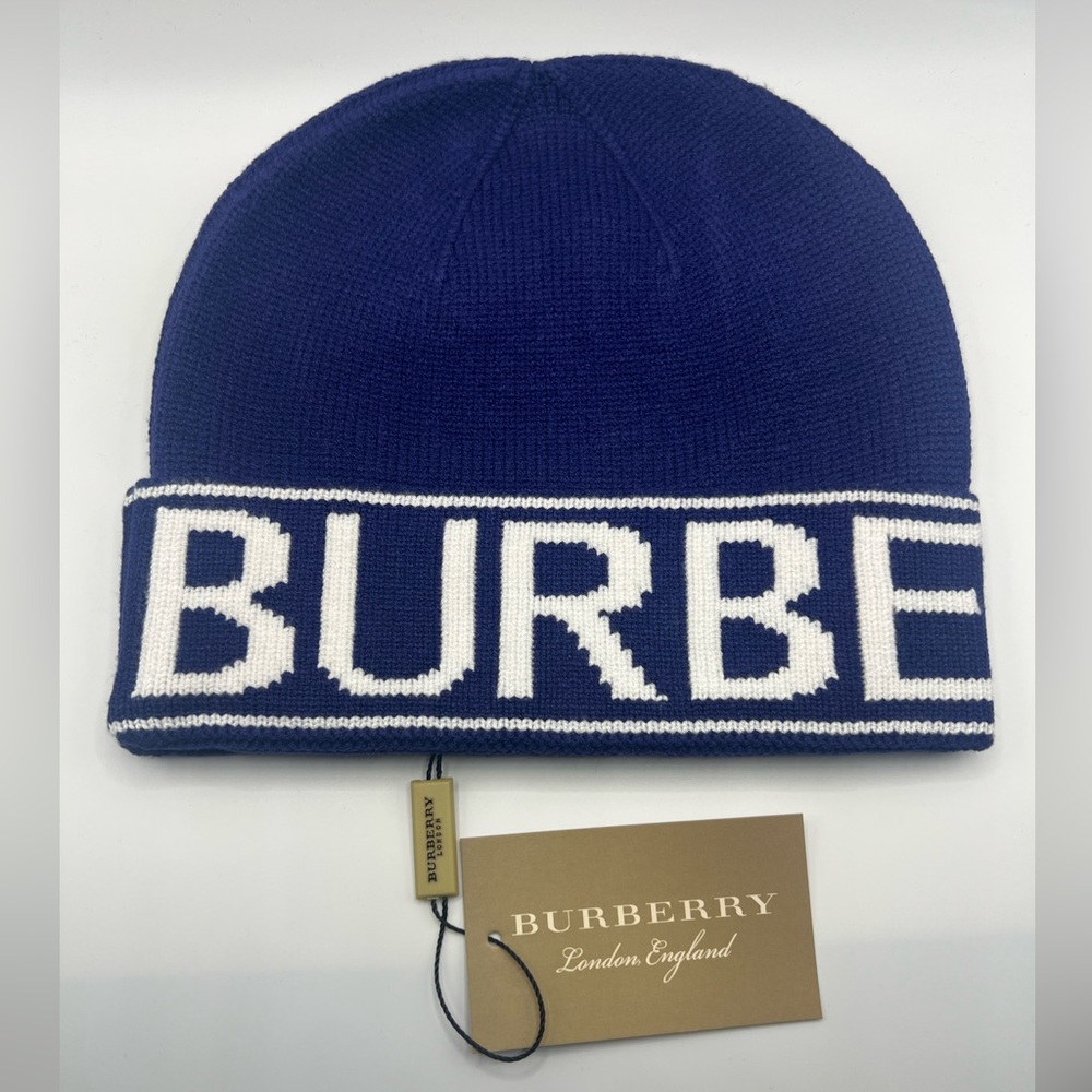 Burberry Deep Blue Knit Logo Cuff Beanie